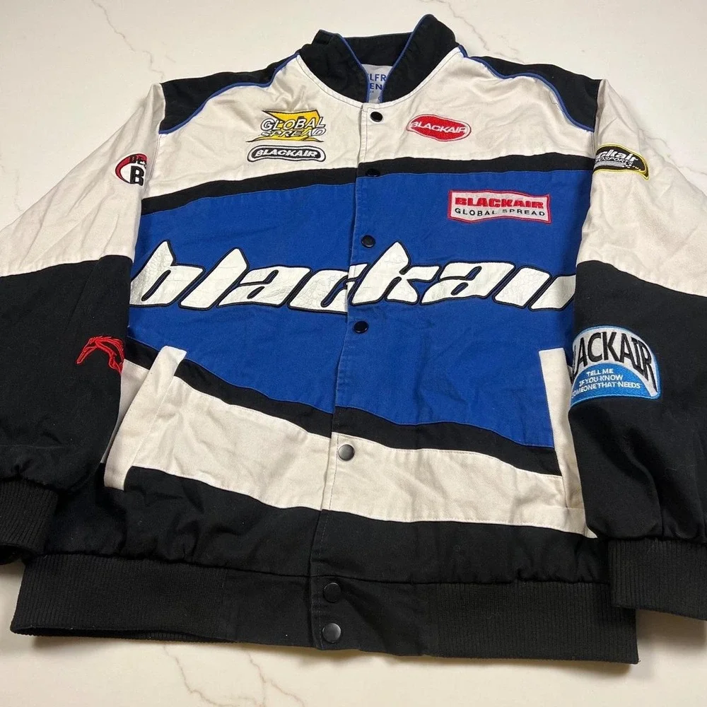 Racing Bomber Jacket Mens Blue White Black Patchwork Streetwear